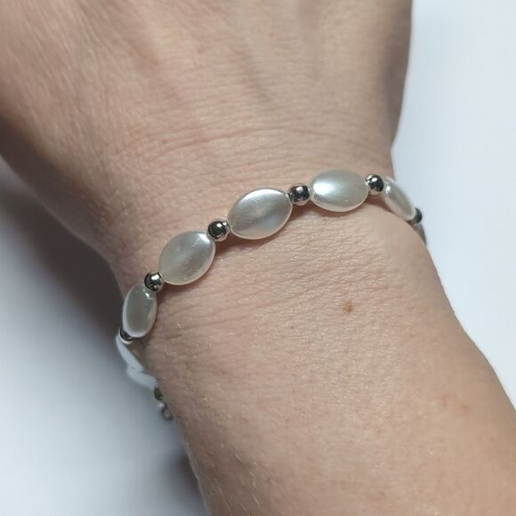 322 Silver and Faux‎ Pearl Beaded Tennis Bracelet with Catholic Charm - Picture 1 of 6